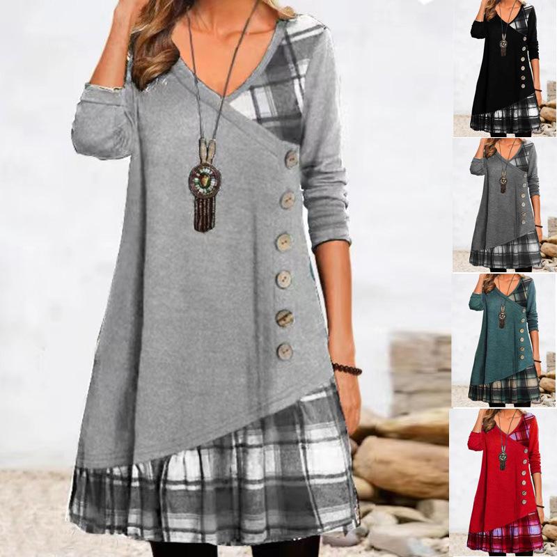 Women's Long Sleeve Button Check Patchwork Dress Ladies V Neck A-Line Casual Night Gown Plus Size Clothing 2026