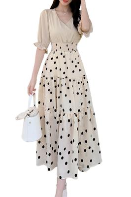 Sommerlanges Kleid mit Polka Dots Elegant und Schön Resort Ausgestelltes Kurzes Lässiges Stilvolles Formelles Elegantes [Chubikime] Damenmuster, Kleid, A-Linie