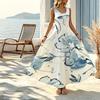 U-Neck Sleeveless Floral Maxi Dress Fresh Blue & White Lightweight Flowy,Flattering Urban Casual for Beach Vacation & Daily Wear