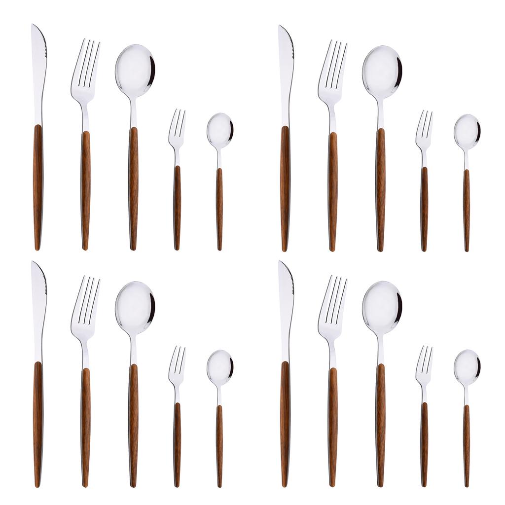 20 piezas/5 piezas de vajilla de acero inoxidable cuchillo tenedor cuchara espejo plata dorado mango de madera lavavajillas cocina cubiertos occidentales