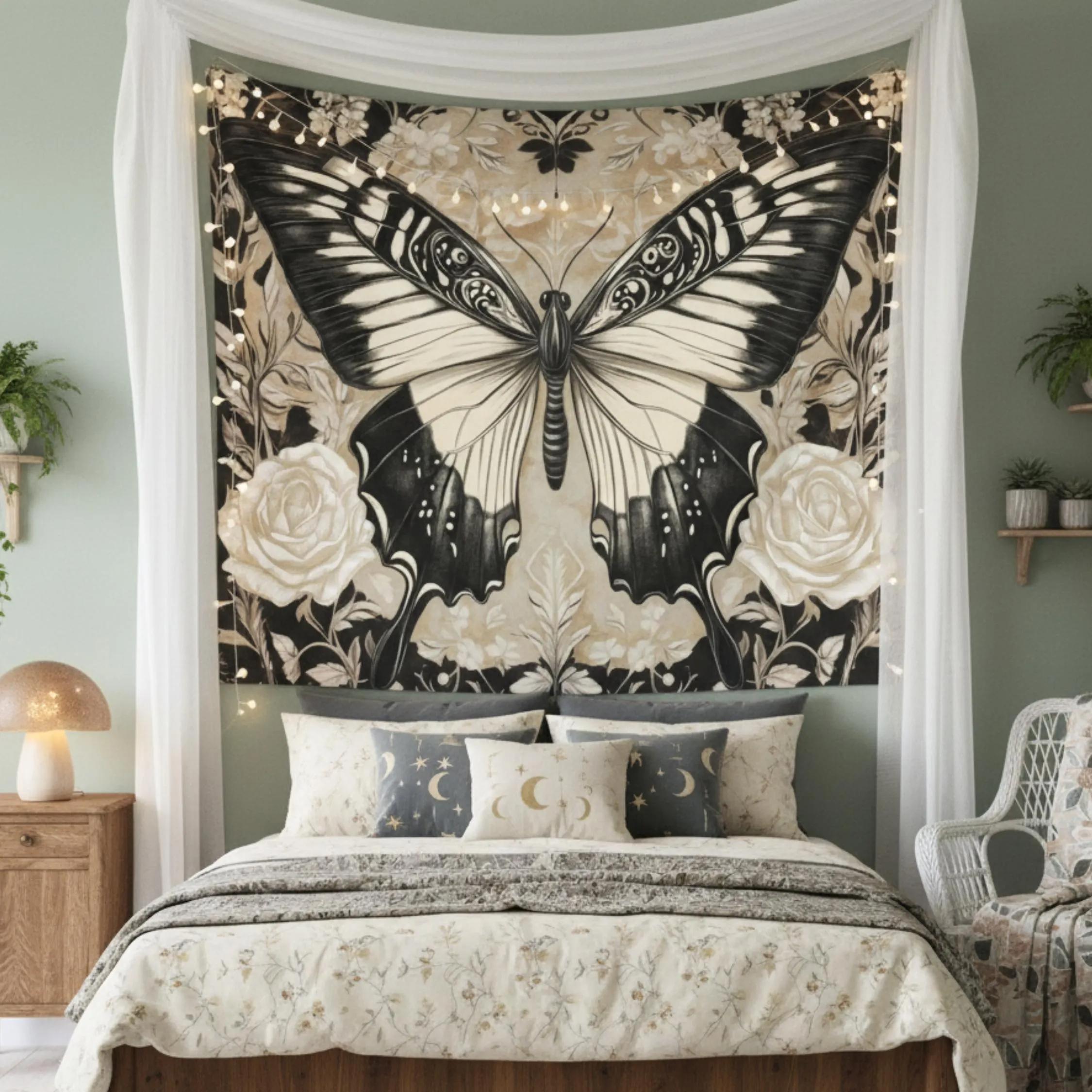 Retro Butterfly Rose Tapestry Flower Background Cloth Living Room Retro Homestay Art Decoration Room Decoration 100X70CM
