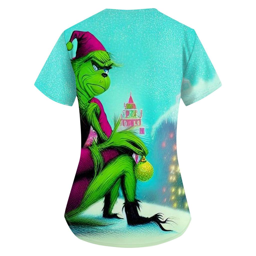 Uniforme da lavoro da donna con stampa natalizia, uniforme da lavoro con scollo a V e taschino protettivo