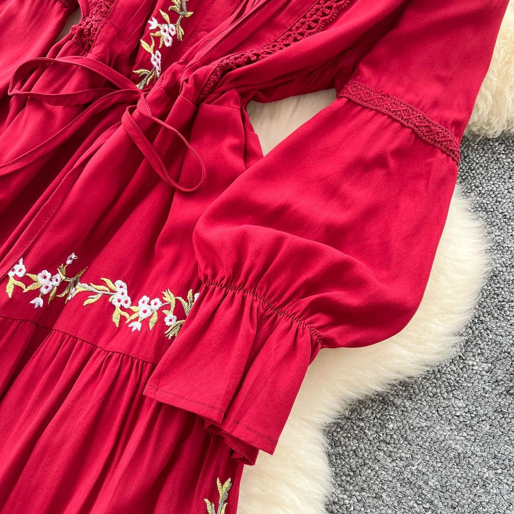 Robe d'été française vintage ethnique pour femmes, dentelle brodée, élégante, manches longues, ample, décontractée, maxi, robe de soirée