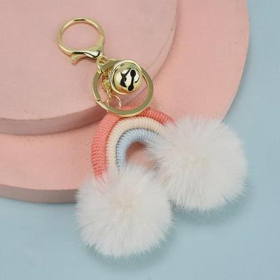 Bohemian Rainbow Fur Ball Keychain with Hand-Woven Cotton Rope and Faux Rabbit Fur Pendant