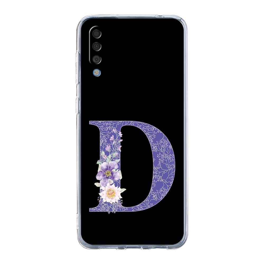 Case For Samsung A56 A36 A26 A16 A14 A12 A22 A32 5G A34 A42 A52 A54 A50 A70 A40 A20E A04S A06 Cover Initial Letter Purple Flower