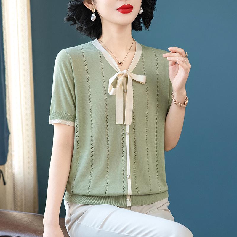 

Elegant Summer Ice Silk Knit Top for Middle-aged & Elderly Women - Tencel Short-sleeved Shirt 4XL (Recommended for 135-150 jin) зелёный