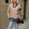 Women's Faux Two-Piece Denim Lapel Sweatshirt with Color Block and Button Front