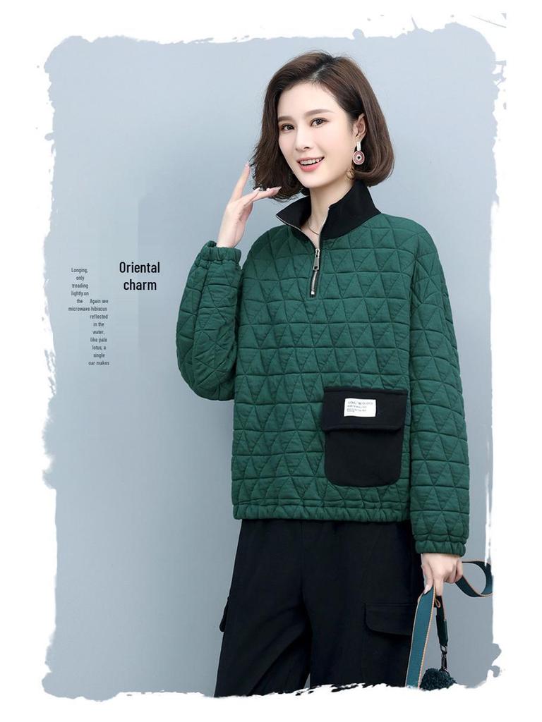 Women's Quilted High Neck Zipper Pullover Sweater - 2024 Autumn/Winter Collection, Petite Fit, No Hood