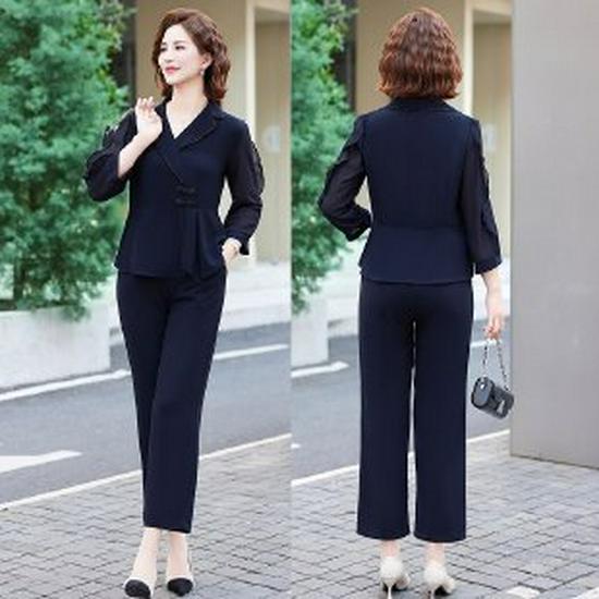 

Mom s Retro Artistic Two-Piece Set: Spring/Autumn 2026 Fashion for Women - Casual, Loose, Age-Reducing, for Middle-aged & Elderly XL темно-синього кольору