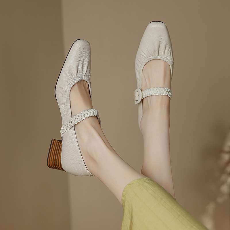 Krazing Pot Sheep Skin Summer Spring Autumn Med Heels Buckle Straps Women Square Toe Shallow Pumps