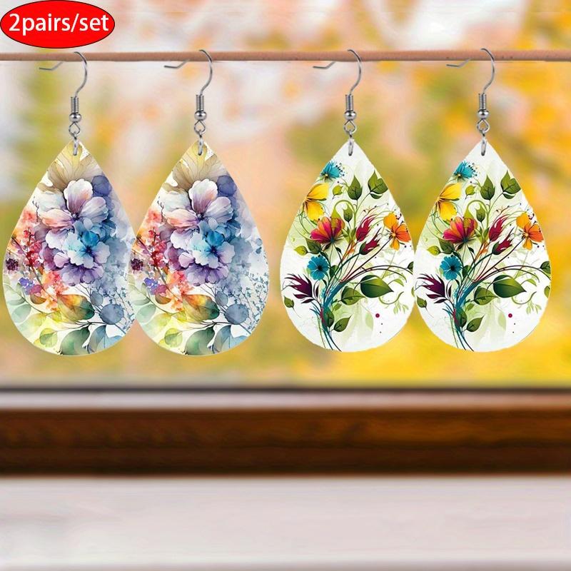 Colorful Flowers Branches Leaf Patterns PU Leather Earrings for Women Elegant Charming Earrings Jewelry Matching for Festivals, Banquets