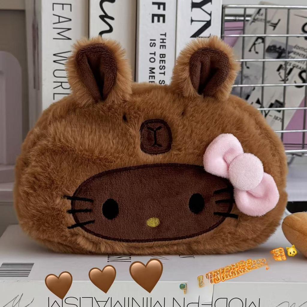 Cute Disguised Hello Kitty Plush Pencil Case Panda Capybara Cartoon Large Capacity Student Stationery Storage Bag High-Value Plu