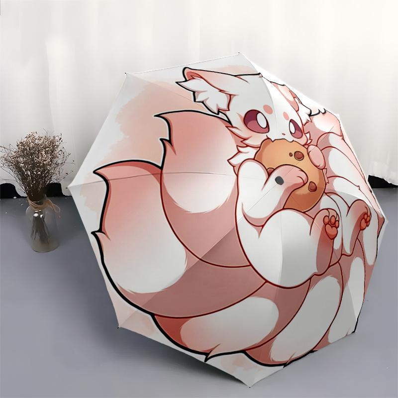 1pc Winning Cute Nine Tailed Fox Cartoon Design Pattern Automatic Cartoon Cartoon Practical Umbrella, Suitable for Travel and Daily Use P100