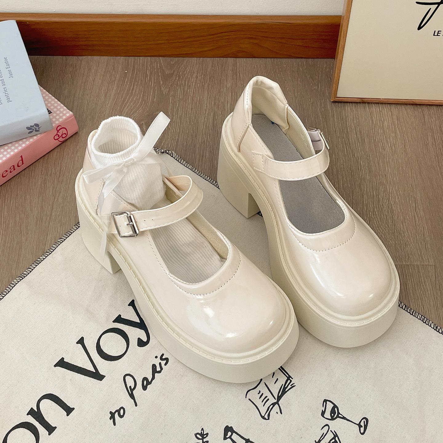 

Queen Fan Black British Style Thick Heel Small Leather Shoes Women s 2025 New Summer Skirt Heightening Mary Jane Shoes 40 бежевый