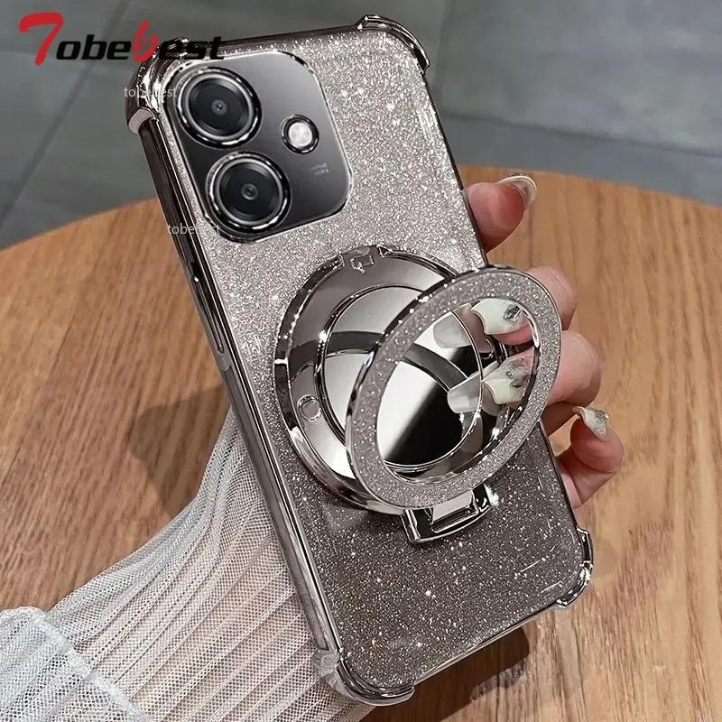 Glitter Shockproof Silicone Case For Huawei Honor 400 Lite Mirror Makeup Magnetic Holder Stand Soft Cover