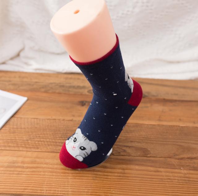 Cat Pattern Women Round Neck Cotton Socks Cute Fun Cartoon Printed Comfortable Sweat Absorbing Breathable Casual Socks