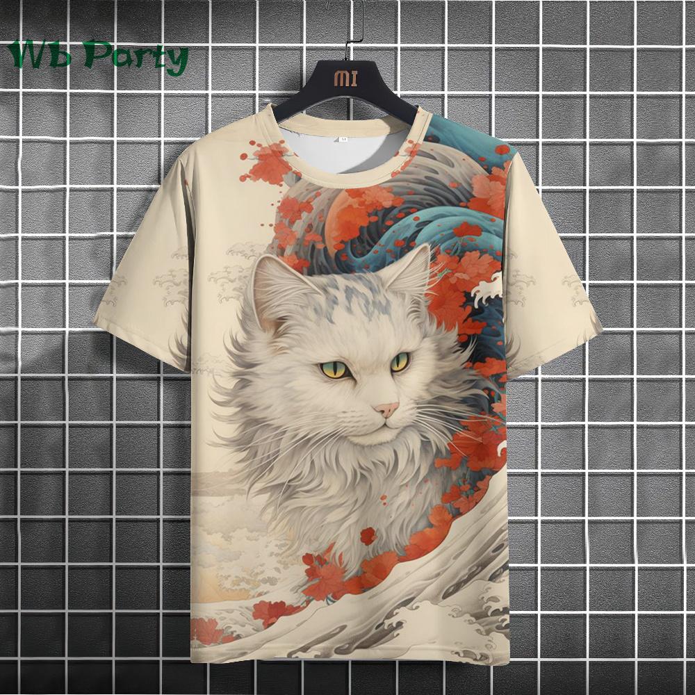 Vintage Cat Pattern Print Short Sleeve T-shirts Man Cat Print Custom T Shirt Vintage Shirts Graphic Tee Men's Summer Clothes Tee