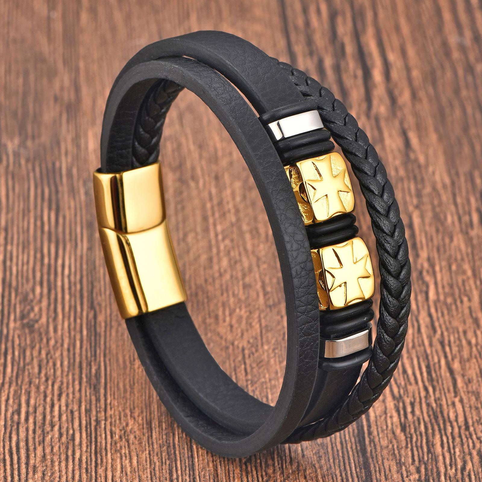Black Leather Rope Cowhide Men s Gold Cross Woven Bracelet Handmade Multilayer Leather Bracelet 2026 21CM