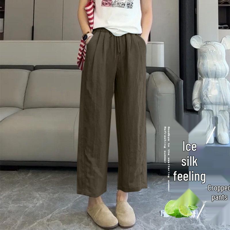 High-Waisted Cropped Ice Silk Trousers for Women - Summer Straight-Leg Sun Protection Pants 2026