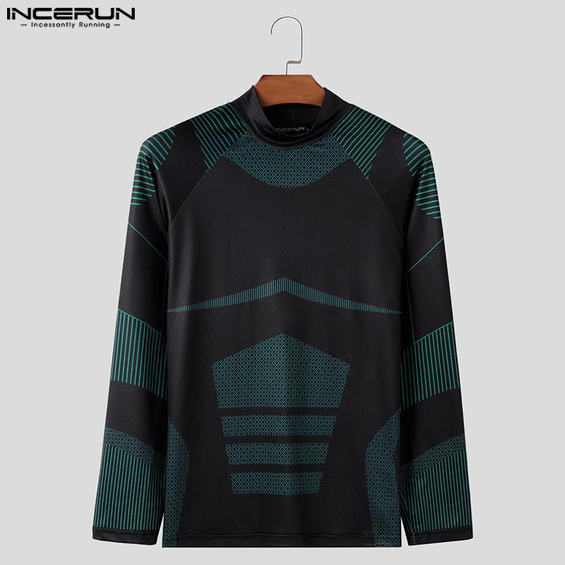INCERUN Menn Mockneck Langermet Print Topper Uformell utstyrt underskjorter Tee