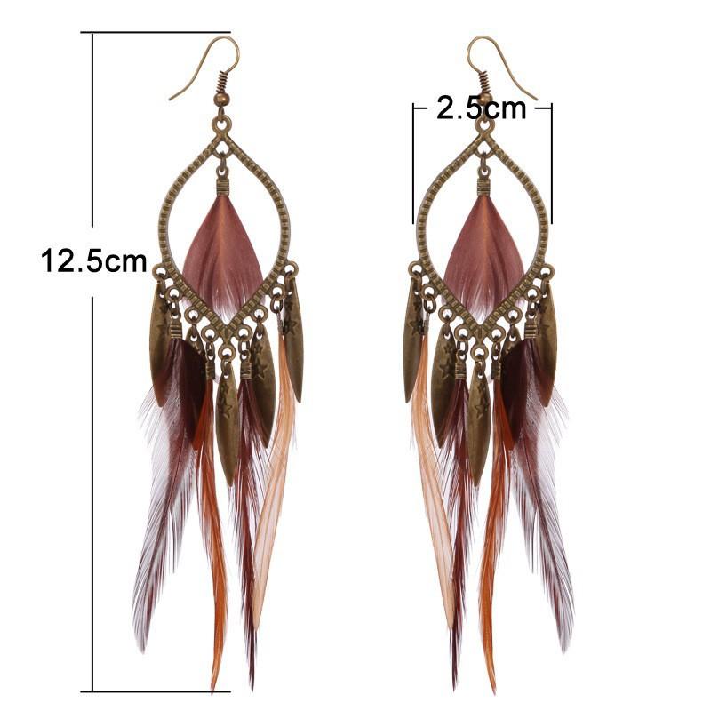 Bohemian Feather Earrings Personalized Long Style Tassel Retro Exaggerated Ethnic Style Tibetan Earrings for Women