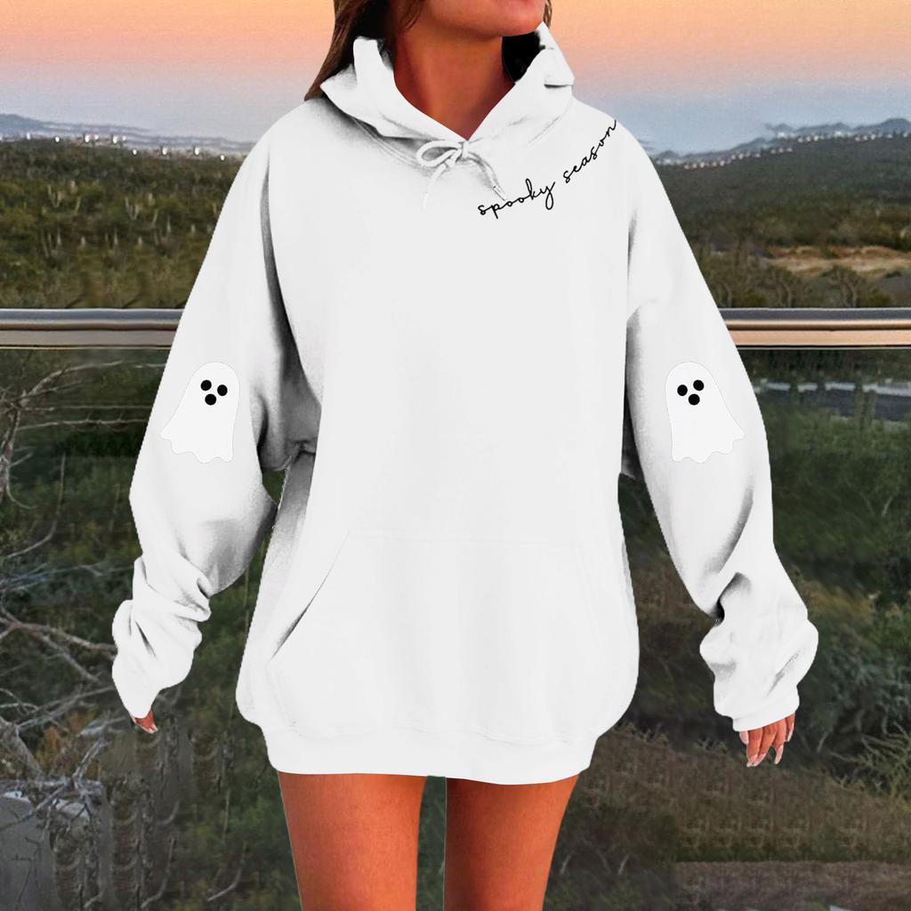 Women's Solid Color Long Sleeve Casual Halloween Print Pullover Hooded Sweatshirt