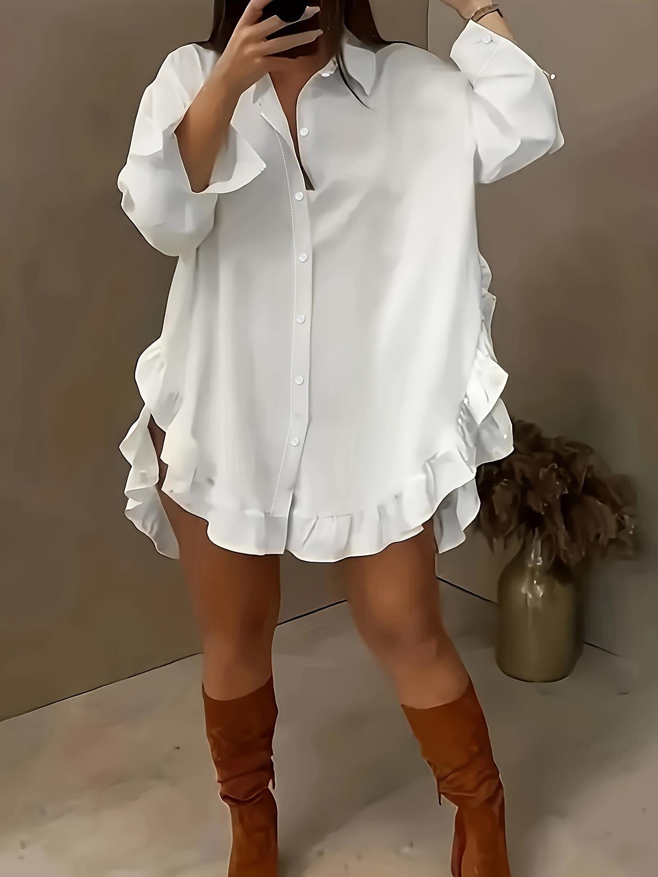 Women Plus Size Solid Color Loose Ruffle Hem Long Sleeve Shirt S белый