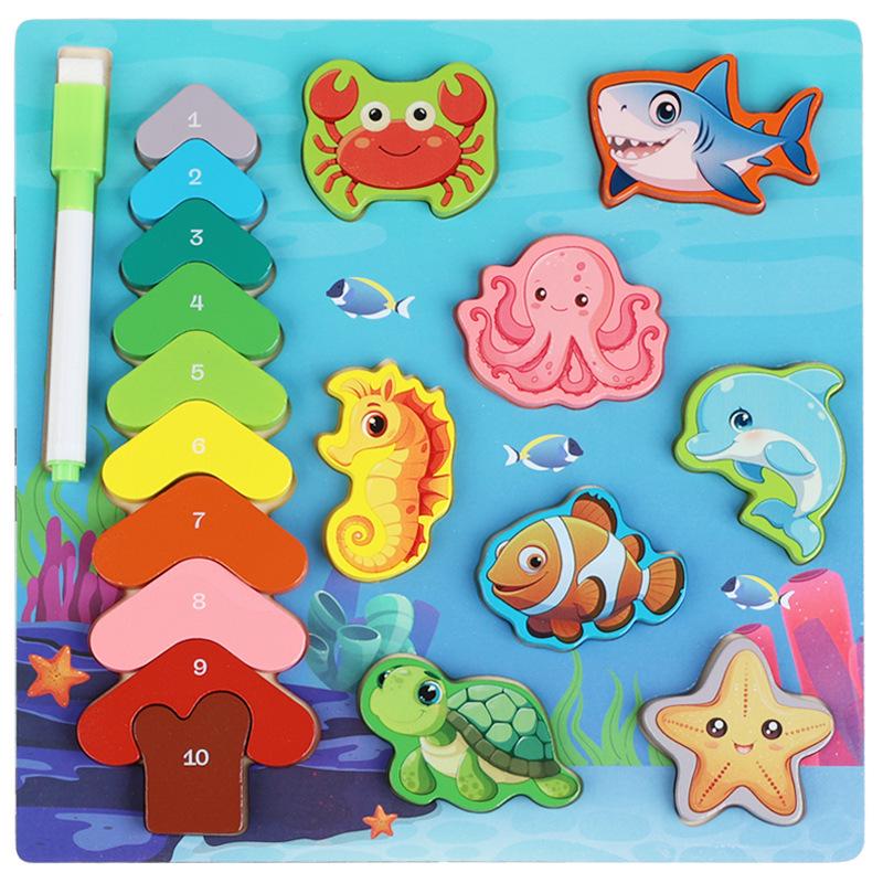 Double-Sided Wooden Animal Matching & Fishing Puzzle Toy for Early Education