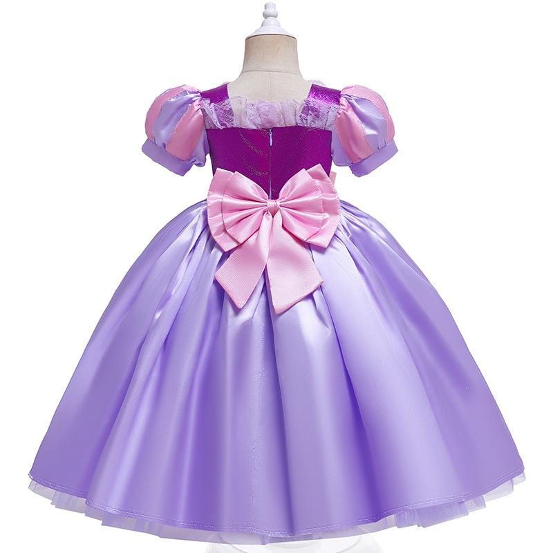Bow Lace Purple Princess Layered Dress, Girls Birthday Stage Performance Role Play Outfit