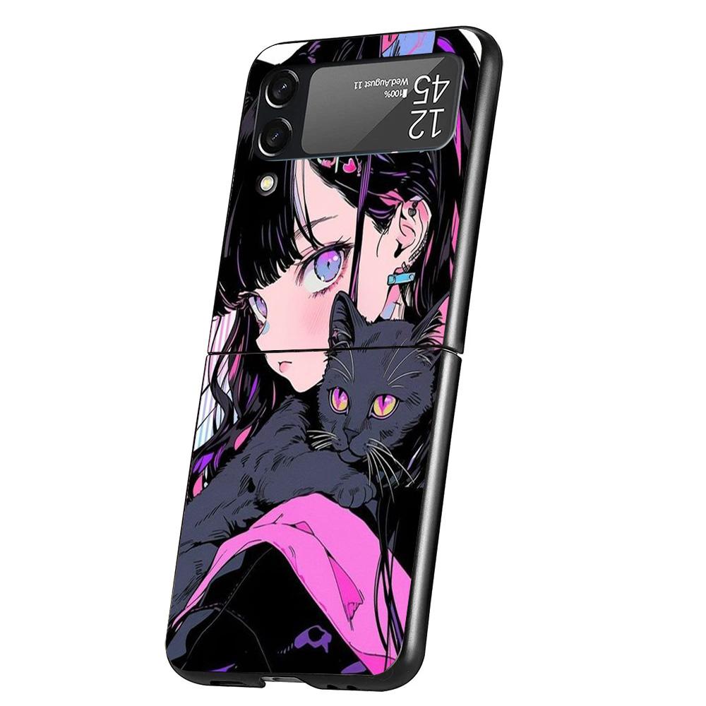 Anime Girls Cute Black Cat Cover Phone Case For Samsung Galaxy Z Flip 7 6 5 4 3 5G Flip7 Flip6 Flip5 Flip4 Flip3 Black Fundas Sh