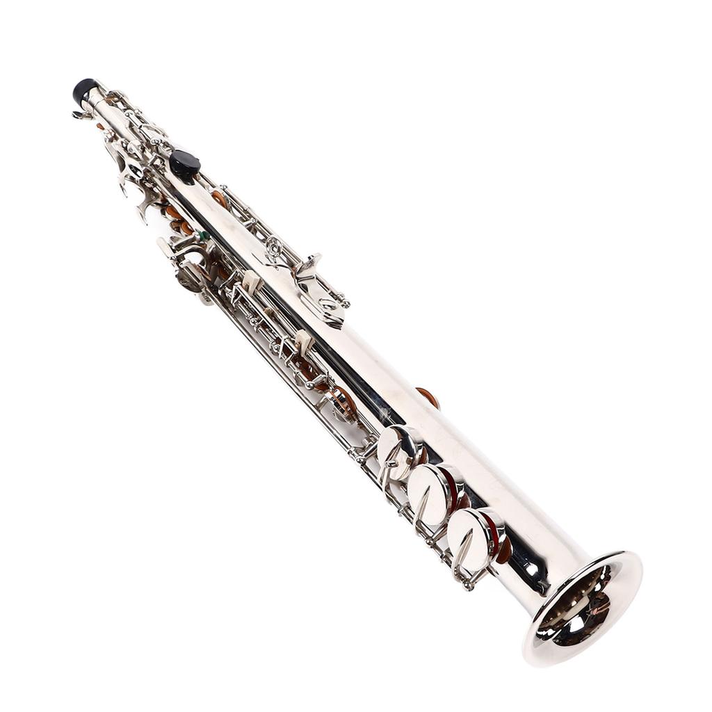 Soprano Bb Saxophone Straight Sax Set with Brass Pipe Body White Keys Woodwind Instrument Silver