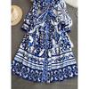 Spring and autumn retro court style long-sleeved stand-up collar waist thin single-breasted a-word celadon printed dress dress