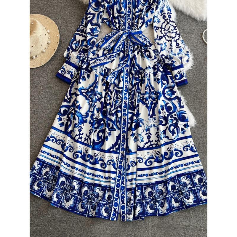 Spring and autumn retro court style long-sleeved stand-up collar waist thin single-breasted a-word celadon printed dress dress