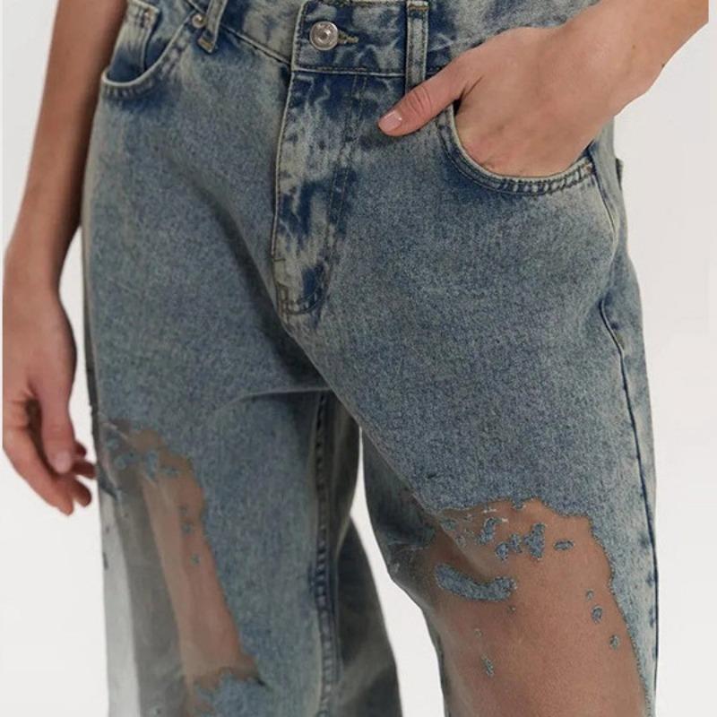 Damen Y2k Amerikanischer Stil Ausgeschnitten Patchwork Locker Gerade Jeans Lang Hosen