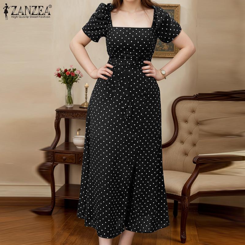 ZANZEA Women Casual Square Collar Short Sleeve Polak Dot Print Dress