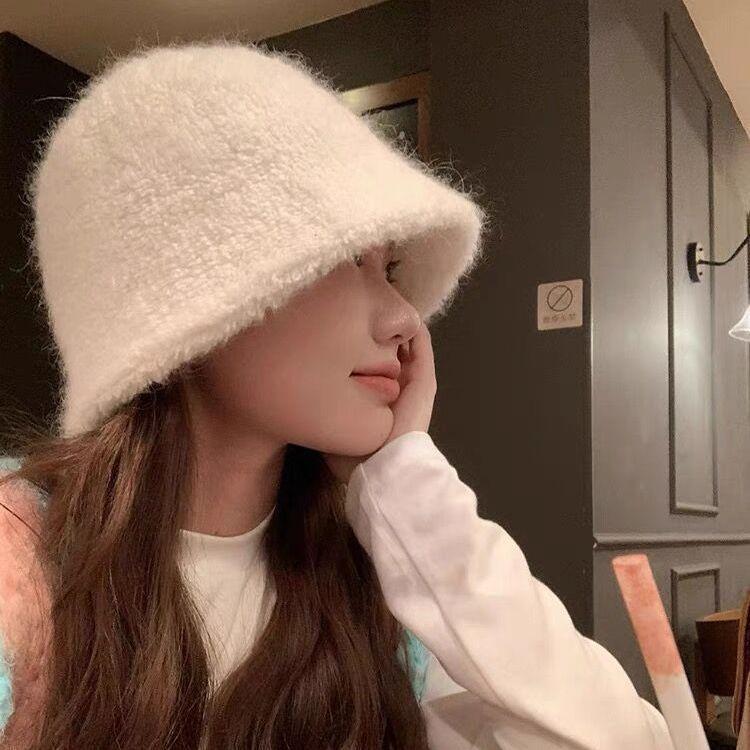 Rabbit Hair Fisherman Hat for Women in Autumn and Winter New Style Big Head Circumference Plush Basin Hat Versatile Bucket Hat Showing A Small Face