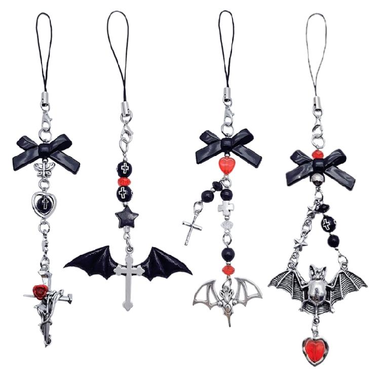 Mobile Phone Charm Gothic Cross Bat Rose Pendant Keychain Strap Lanyard for Bag