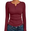 Women's Ribbed Henley Button Long Sleeve Cropped Slim Fit Casual Basic Tee Top