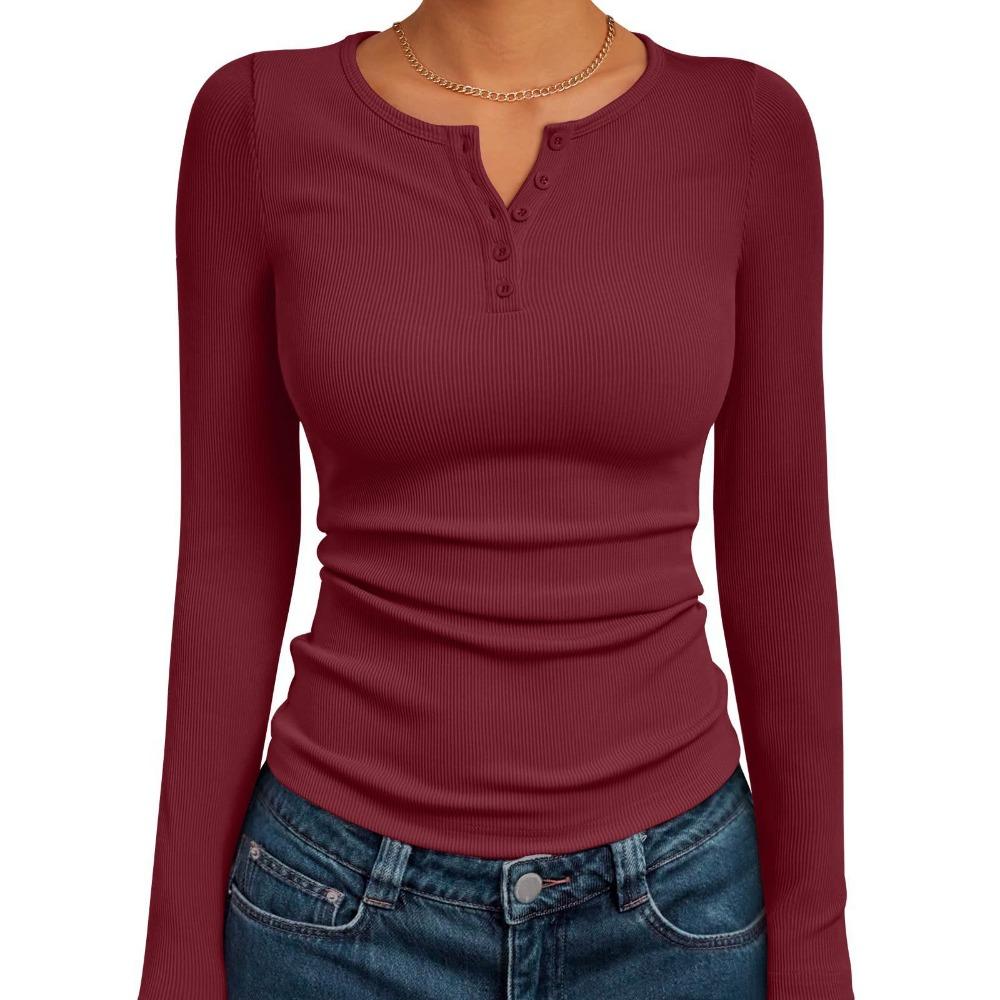 Women's Ribbed Henley Button Long Sleeve Cropped Slim Fit Casual Basic Tee Top