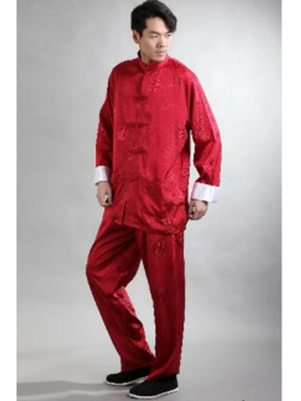 

Мужской шелковый комплект тансюит с длинным рукавом - Костюм для кунг-фу с рукавами, которые можно подвернуть, для весны и осени XL бордовый