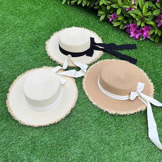 Summer Beach Hat, Wide Brim Straw Sun Hat, Sun Protection Foldable Hat with Ribbon Bow, Women Hat for Outdoor Travel Beach Trips