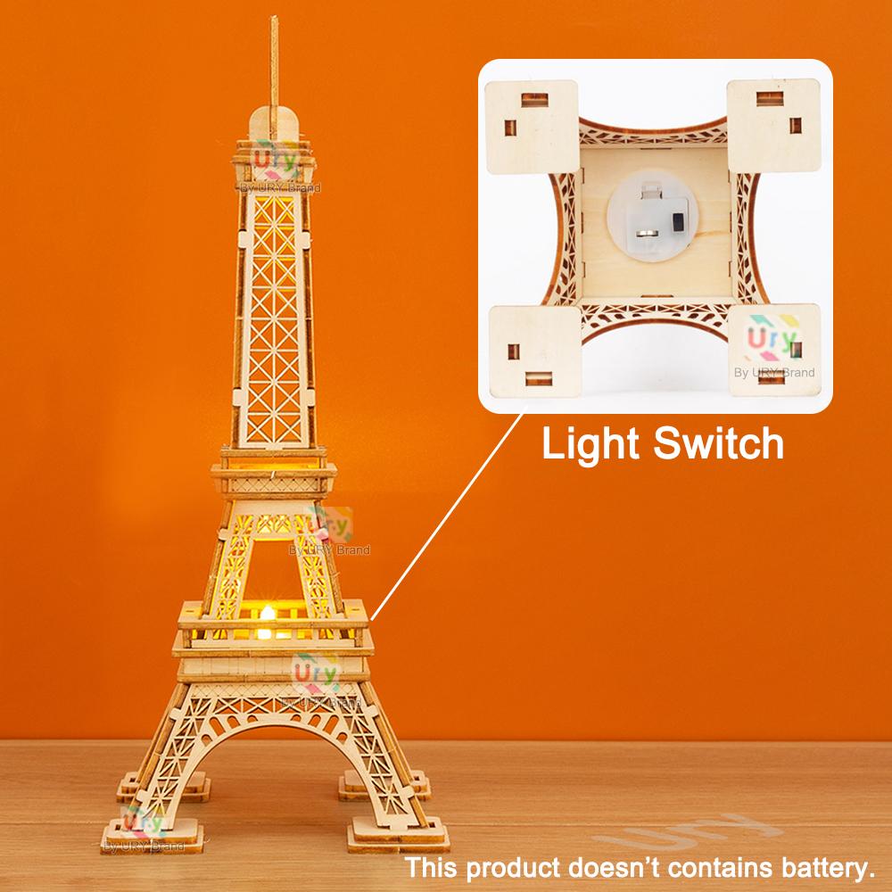 Ury 3D Wooden Puzzle Paris Eiffel Tower with Light Famous European Classics Building World Architecture Model DIY Toy Decoration