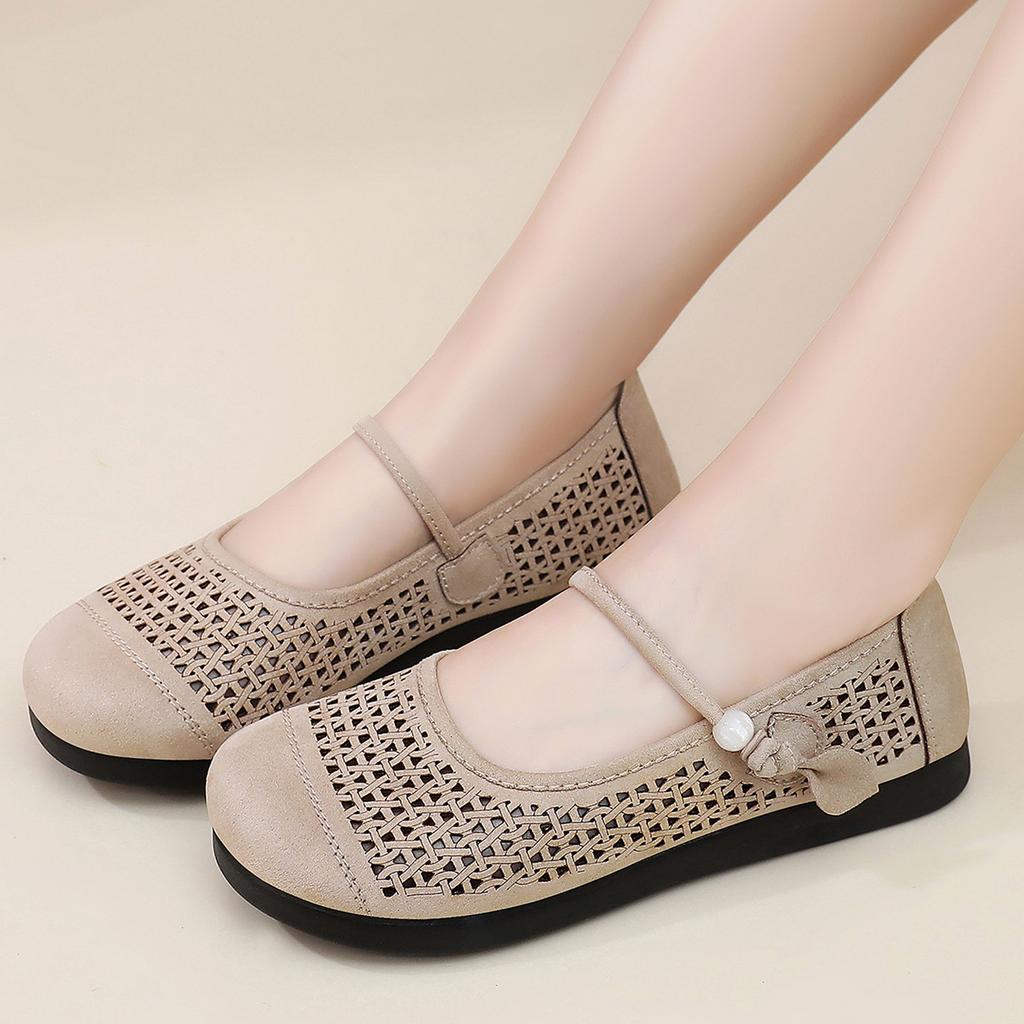 Ladies Round Toe Hollow Out Low Heel Mary Jane Shoes Flat Comfortable Casual Slip On Breathable Design Lightweight Footwear for Daily Wear