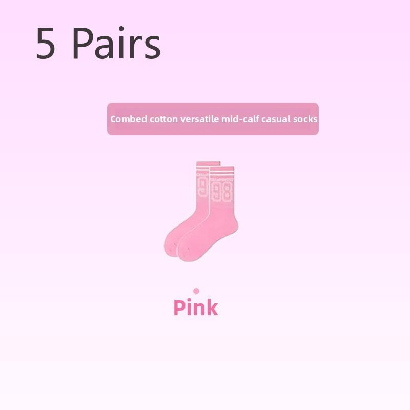 5 Pairs of Women's Spring and Autumn Tide Casual Pink Mid Tube Socks