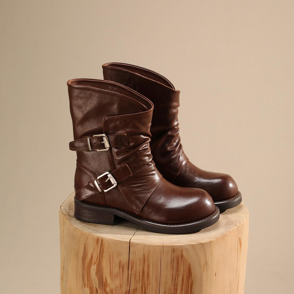 Leather thick heel retro pleated short boots women's autumn and winter new belt buckle velvet warm and thin leather boots