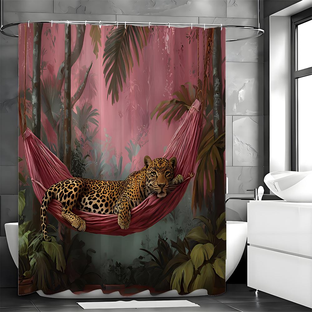 Cougar Shower Curtain with Trees Plants, Pink Background and Hanging Basket Bathroom Decorative Shower Curtain, Waterproof Showe