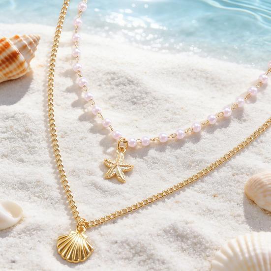 Double Layer Shell Pendant Necklace Lightweight Hypoallergenic Women Faux Pearl Starfish Charm Layered Chain Necklace Ocean Beach Neck Jewelry