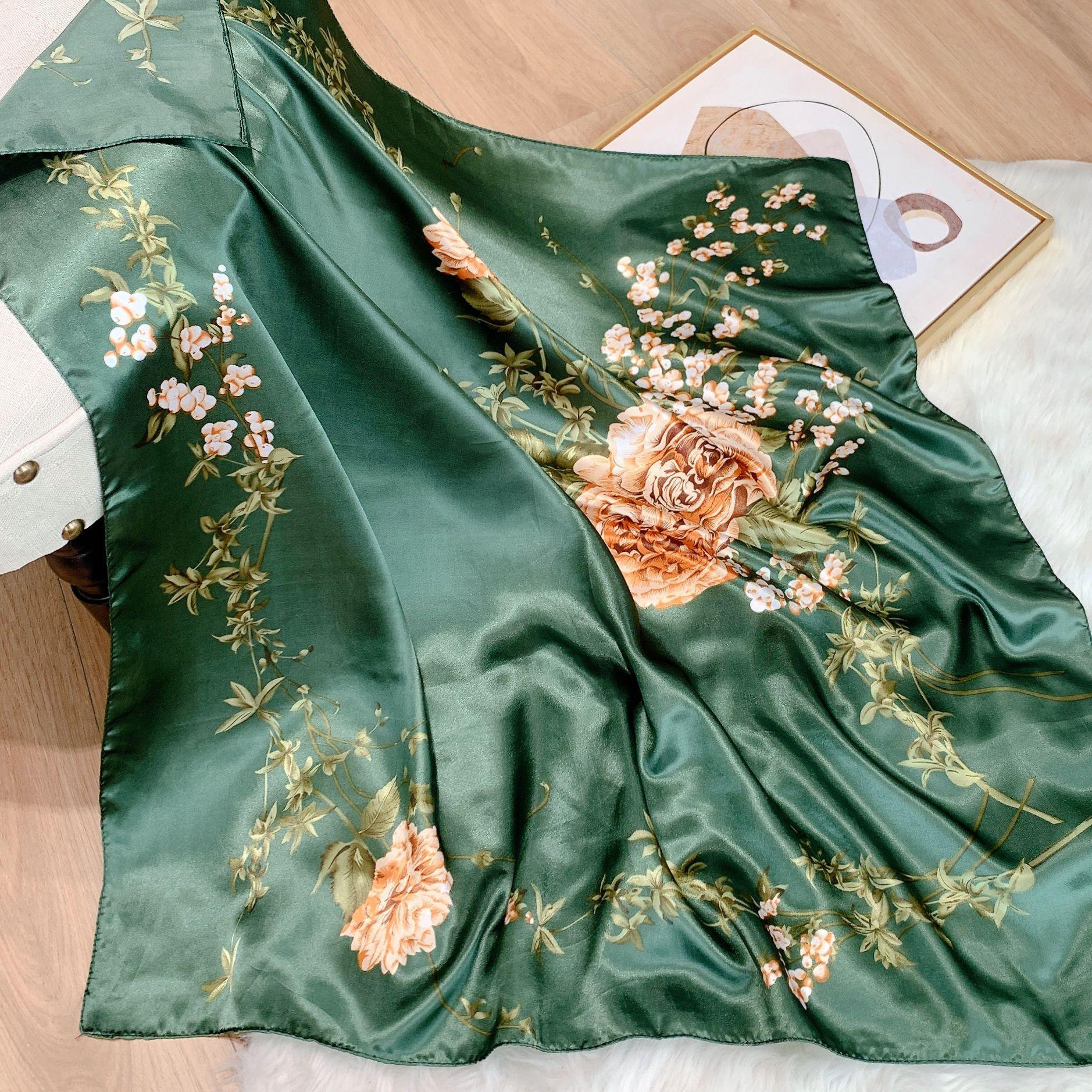 

Винтажный квадратный шарф с цветами для женщин, шелковые шали, шейный платок, женский принт, повязка на голову, платок, хиджаб, повязки для волос 9090cm