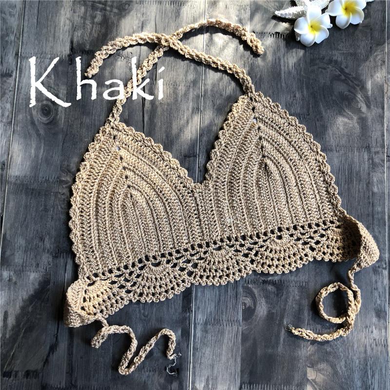 Bikini Top Handmade Crochet Women Boho Beach Bralette Solid Halter Knitted Swimsuit