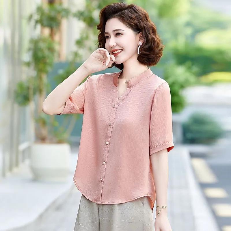Women Stand Collar Half Placket Mid Sleeve Solid Chiffon Blouse Three Colors Available